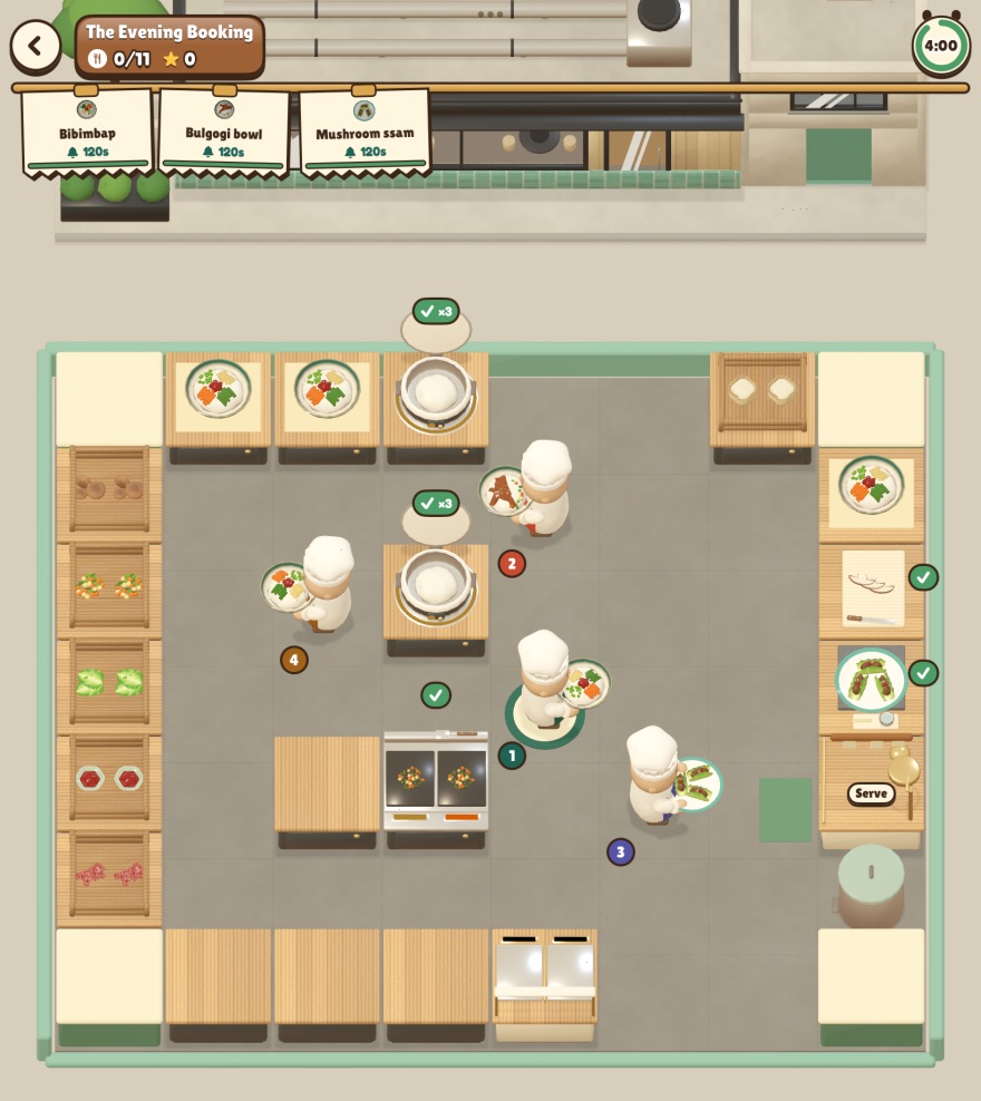 A grill kitchen with sage walls. Chefs hold bibimbap and ssam plates; rice cookers and a two-burner grill sit on the counters.
